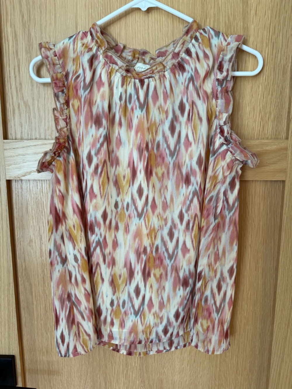 Sleeveless Ruffle-Trim Printed Blouse in Pink-Cream-Mustard